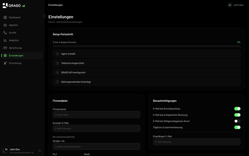 QRAGO AI Einstellungen für Telefonie, API-Anbindung und Benachrichtigungen