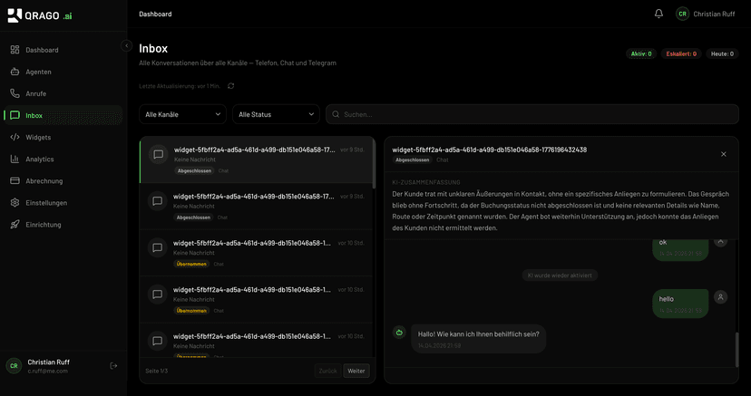 QRAGO AI Multi-Channel Inbox mit Konversationen aus allen Kanälen