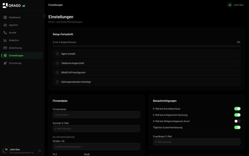 QRAGO AI Einstellungen für Telefonie, API-Anbindung und Benachrichtigungen