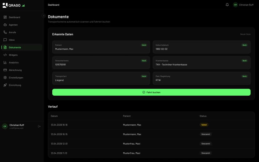 QRAGO AI Document AI Transportschein-Scanner mit OCR-Ergebnissen