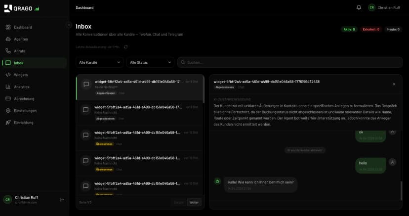 QRAGO AI Multi-Channel Inbox mit Konversationen aus allen Kanälen